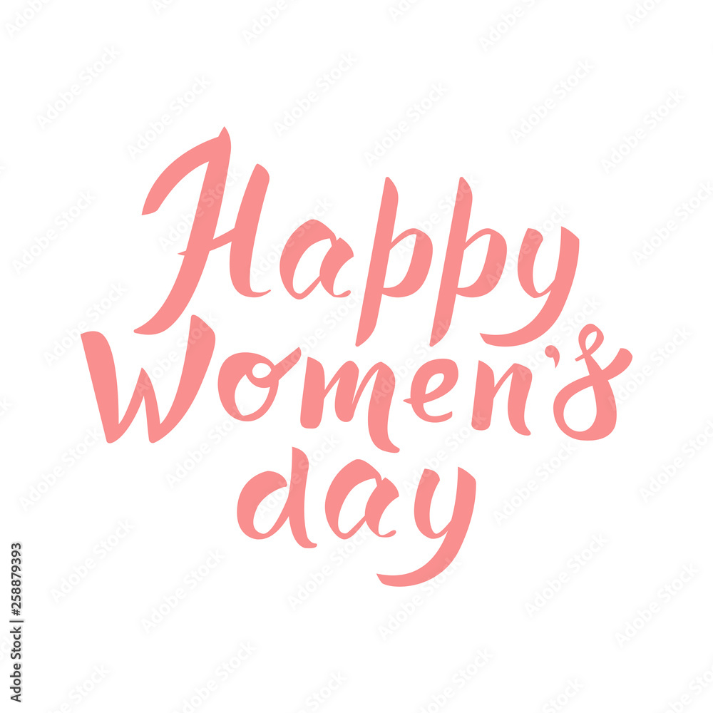 Obraz premium Happy Womens day hand drawn typographic lettering isolated on white background. Pink celebration phrase for March 8 greeting card. International womens day invitation design. Illustration.
