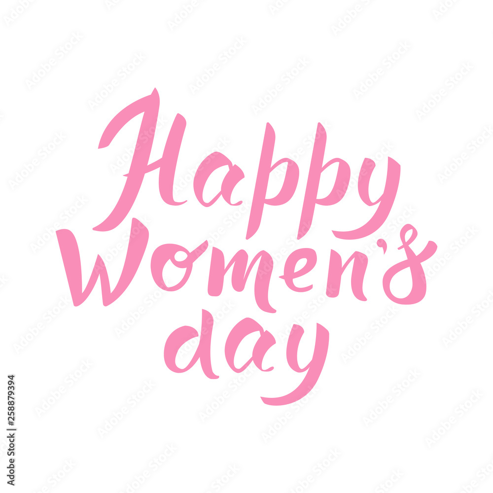 Happy Womens day hand drawn typographic lettering isolated on white background. Pink celebration phrase for March 8 greeting card. International womens day invitation design. Vector Illustration.