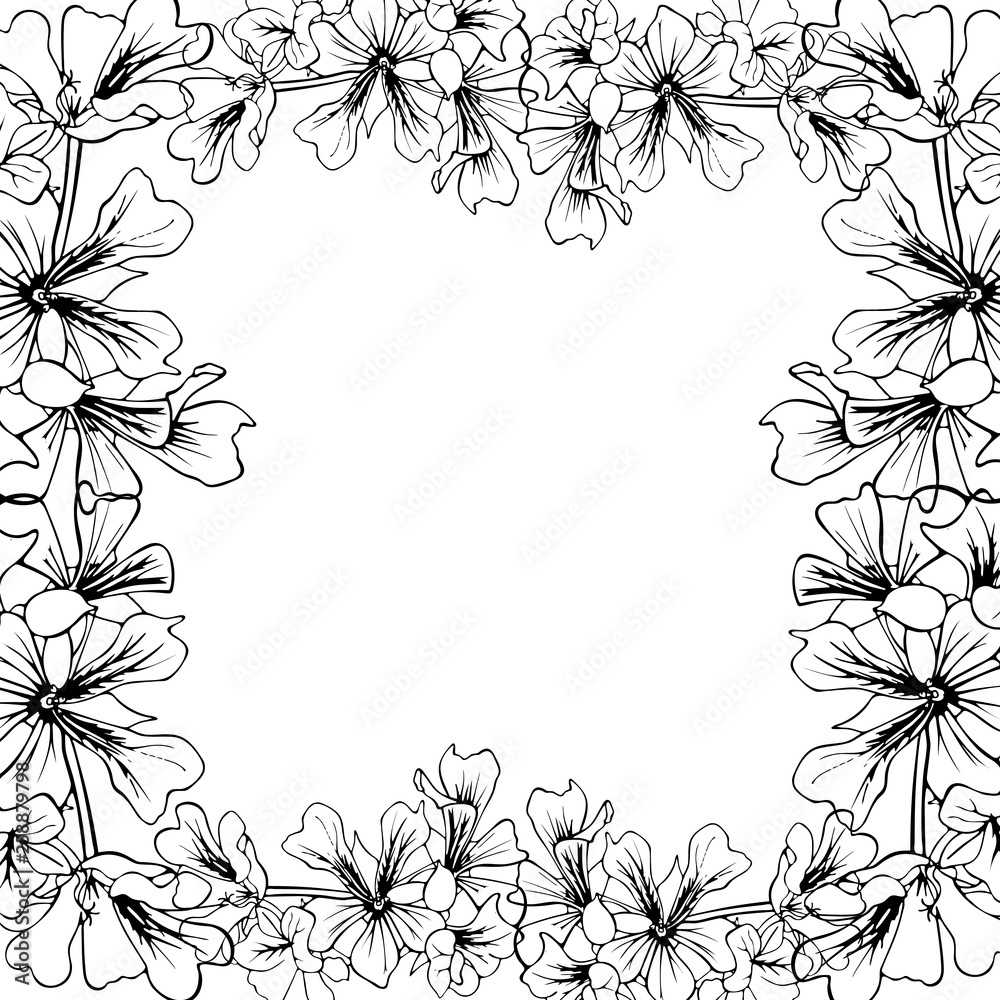 Black and white tropical frame with exotic flowers on white. Summer border design. Vector illustration