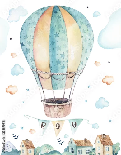 Obraz Akwareli tła ustalona ilustracja śliczna kreskówki i fantazja nieba scena uzupełnia z samolotami, helikopterami, samolotem i balonami, chmury. Chłopiec wzór. To projekt baby shower