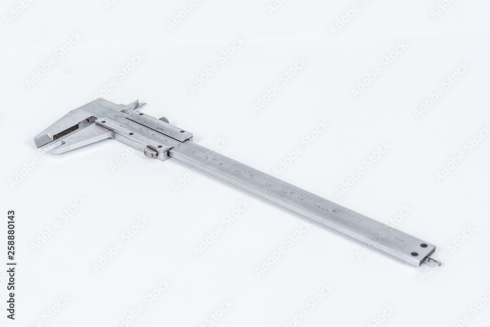 Vernier calipe or caliper. Precision measuring tools from silver steel.on a white background.. Vernier calipe or caliper. Precision measuring tools from silver steel.on a white background..