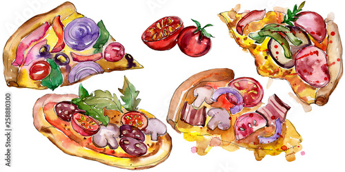 Fototapeta Naklejka Na Ścianę i Meble -  Fast food itallian pizza in a watercolor style set. Aquarelle food illustration for background. Isolated pizza element.