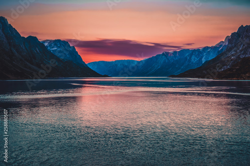 kangerlussuaq fjord at midnight sun photo