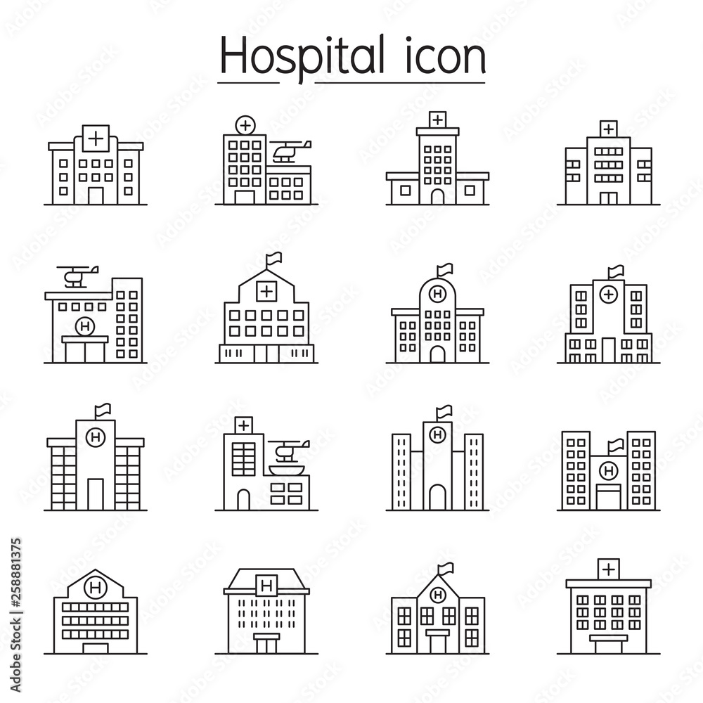 Hospital building, Medical center icon set in thin line style