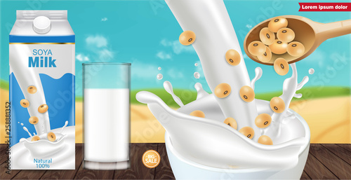 Soy milk box mock up ads with splash Vector realistic. Milk box product placement. Label design. 3d detailed beans. Natural fields bokeh backgrounds