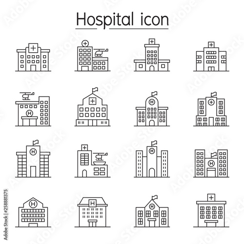 Hospital building  Medical center icon set in thin line style