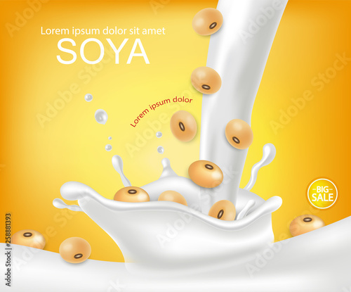 Soy milk splash Vector realistic. Detailed milk pourring. Label template desi...
