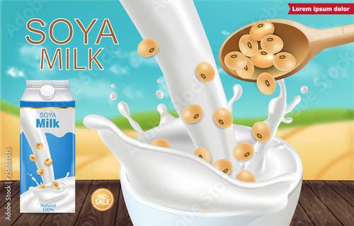 Soy milk mock up ads with splash Vector realistic. Milk box product placement. Label design. 3d detailed beans. Natural fields bokeh backgrounds
