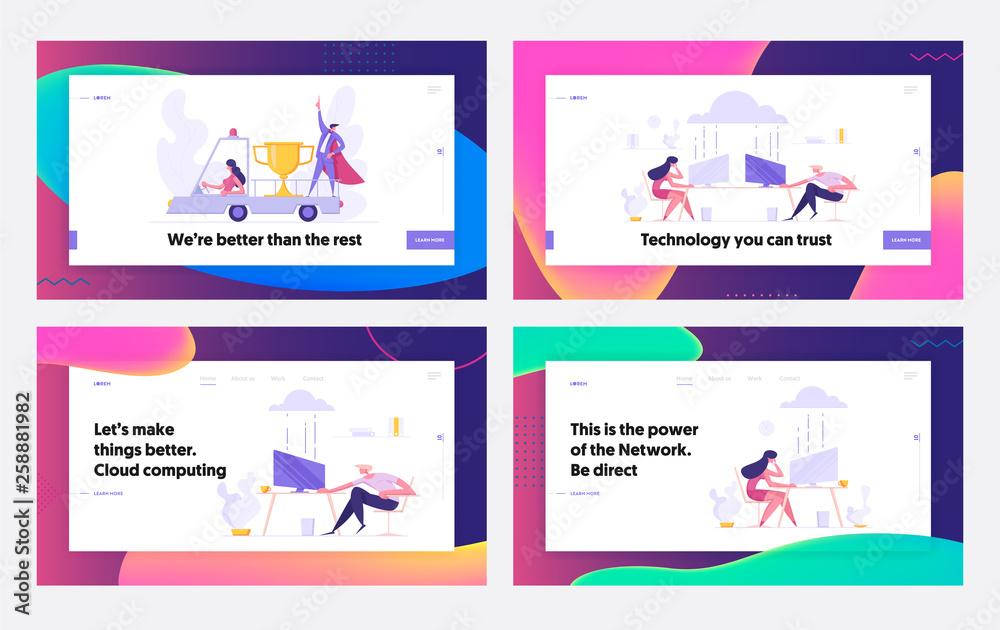 Successful Teamwork Business Concept for Landing Page Set. People Characters with Car, and Working in Office with Computing Clouds Innovation Website, Web Page Template. Flat Vector Illustration