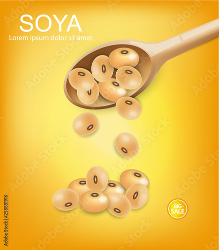 Soy beans in a wooden spoon Vector realistic. Yellow backgrounds