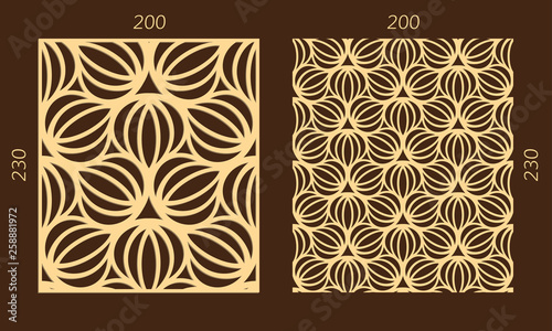 Laser cutting set. Woodcut vector trellis panel. Plywood lasercut eastern design. Hexagonal seamless pattern for printing, engraving, paper cutting. Stencil lattice ornament.