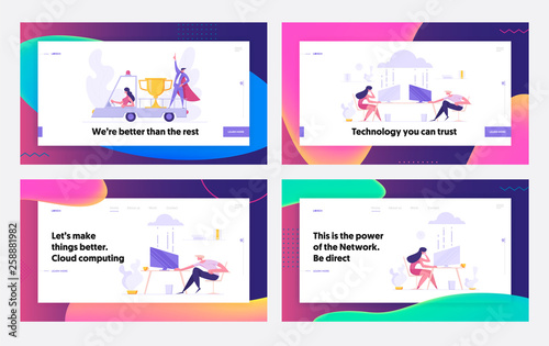 Successful Teamwork Business Concept for Landing Page Set. People Characters with Car  and Working in Office with Computing Clouds Innovation Website  Web Page Template. Flat Vector Illustration