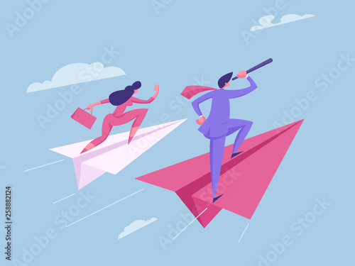 Business Vision, Future Strategy Team Spirit Concept. Business People Characters Flying on Paper Planes. Man Looking for New Idea with Telescope for Website, Banner, Poster. Flat Vector Illustration