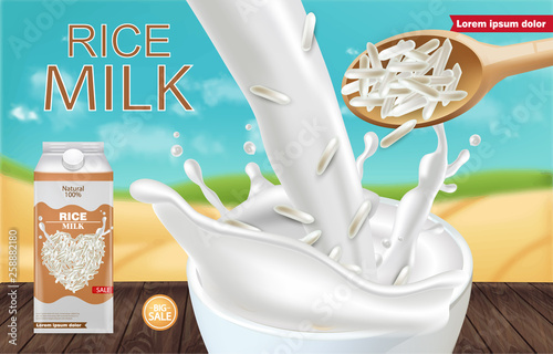 Rice milk mock up Vector realistic. Product placement advertise. Milk splash ...