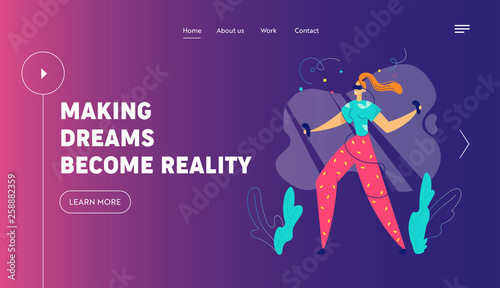 Virtual Reality Augmented Concept for Landing Page. Woman Character with vr Glasses Dancing or Doing Exercise. New Technology Experience for Website, Web Page. Flat Vector Illustration