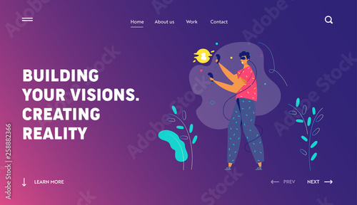 Virtual Reality Augmented Concept for Landing Page. Male Character with VR Glasses Playing Game. New Technology Video Gaming Experience for Website, Web Page. Flat Vector Illustration