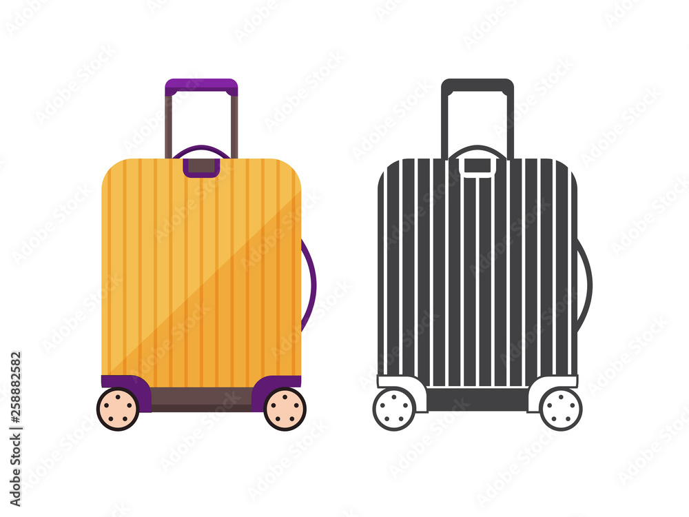 Modern yellow travel suitcase. Carry on luggage or baggage for trips. Wheeled travel bag with handle icon. Modern yellow travel suitcase. Carry on luggage or baggage for trips. Wheeled travel bag with handle icon.