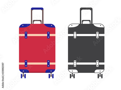 Vintage travel suitcase. Carry on luggage or baggage for trips. Wheeled travel bag with handle icon.