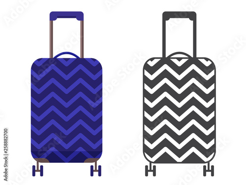 Modern blue travel suitcase. Carry on luggage or baggage for trips. Wheeled travel bag with handle icon.