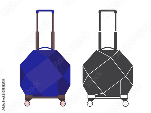 Modern blue travel suitcase with polygons. Carry on luggage or baggage for trips. Wheeled travel bag with handle icon.