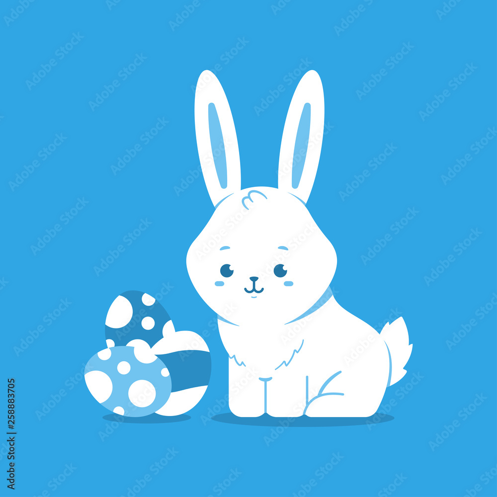 Cute Easter bunny with eggs. Vector cartoon rabbit character isolated on background.