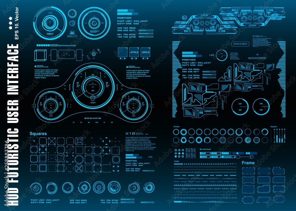 HUD elements mega pack set. Dashboard blue display virtual reality technology screen. Futuristic blue user interface. HUD elements mega pack set. Dashboard blue display virtual reality technology screen. Futuristic blue user interface.