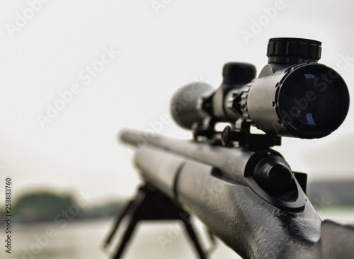 Rifle with a scope and bipod with first person shooter(FPS) view