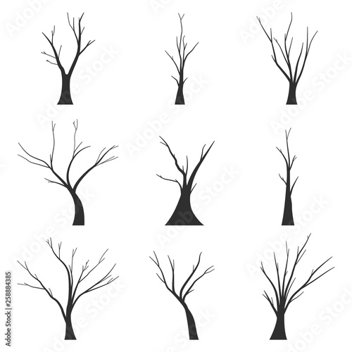 Bare trees black silhouette vector set isolated on white background.