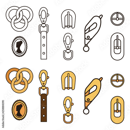 Carabiner buckles for tourism, belts, chains, necklaces and bracelets. Vector cartoon flat icons set isolated on white background.