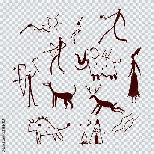 Cave paintings of people and animals. Vector cartoon illustration isolated on transparent background.