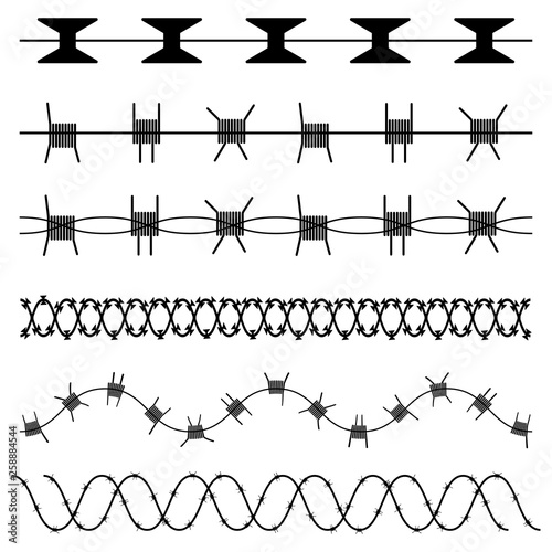 Barbed wire vector black silhouette set isolated on white background.