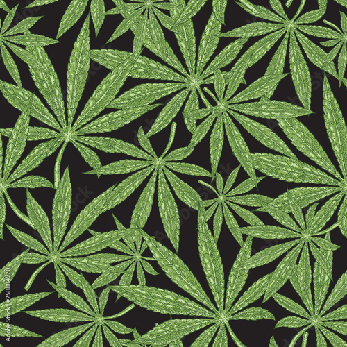 Cannabis seamless pattern. Green leaves marijuana on black background. Hand drawn vector illustration.