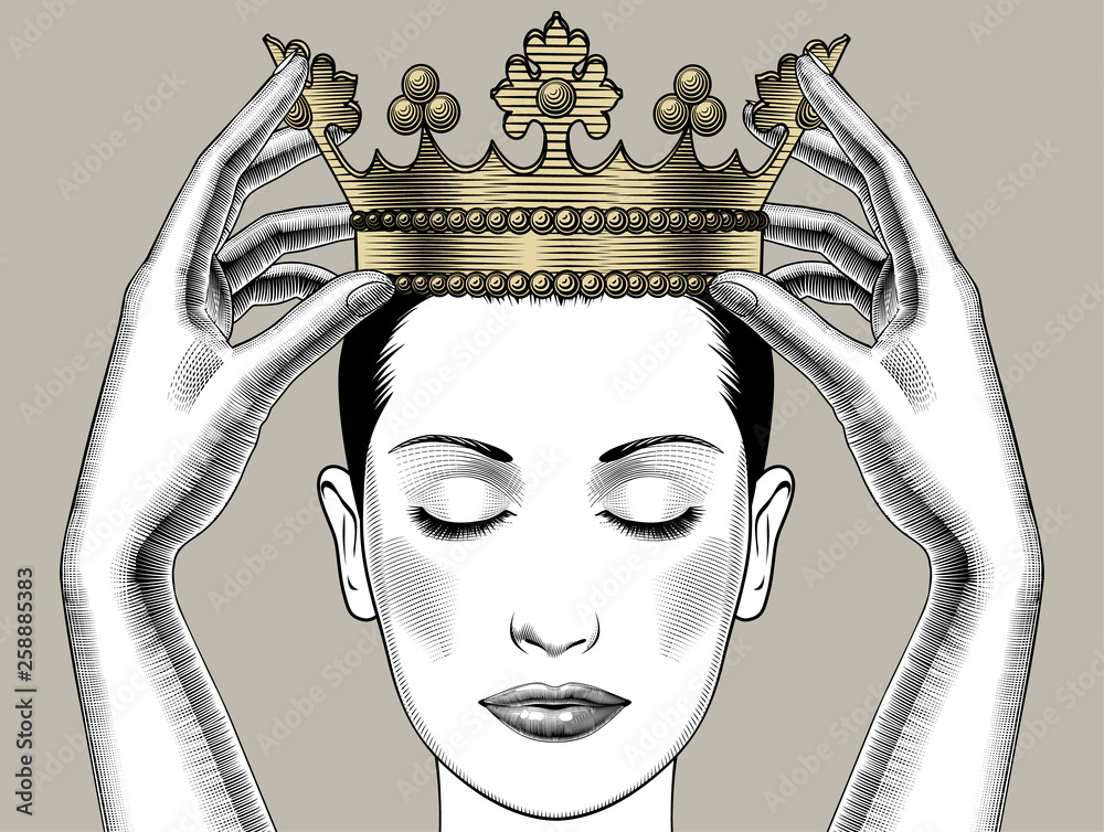 Woman holding above a head the golden crown. Leadership, success