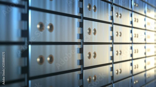 Camera moves along Safe Deposit Boxes in a bank vault room, seamless infinite loop