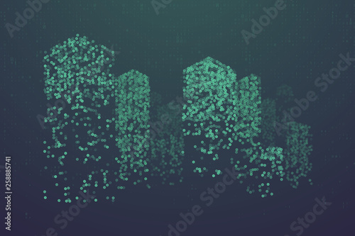 Glowing particles in form of futuristic city skyline. Futuristic dots pattern, abstract binary code illustration