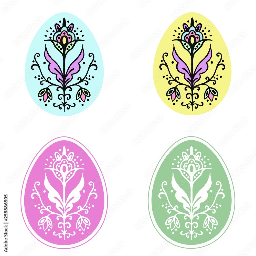 Fototapeta premium Vector illustration. Beautiful set with easter eggs. Without black edging. Yellow egg. Pink, green eggs with white floral ornament.Without background. EPS.