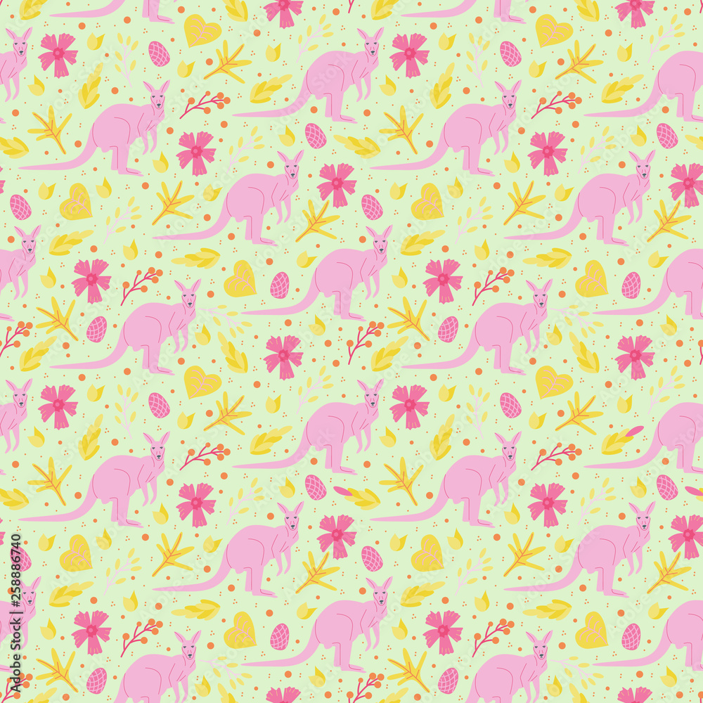 Seamless pattern with abstact floral elements and australian animal pink kangaroo in flat style. Colorful endless texture with plant: leaves and flowers on grey background. Vector illustration