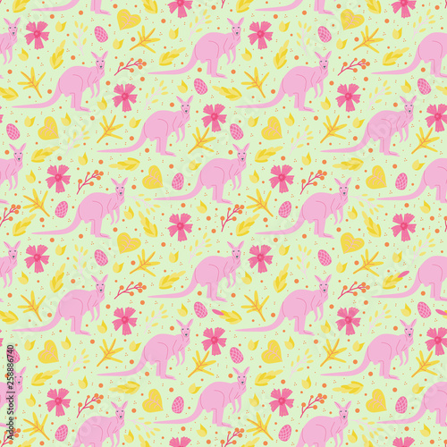 Seamless pattern with abstact floral elements and australian animal pink kangaroo in flat style. Colorful endless texture with plant  leaves and flowers on grey background. Vector illustration