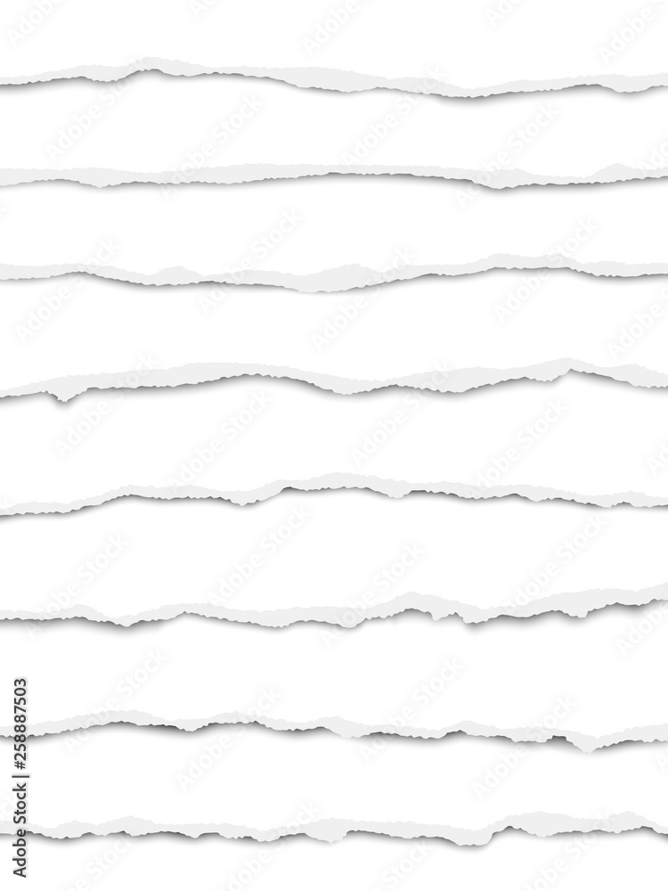 Oblong torn white paper strips placed one under another with soft shadow. Vector paper mock up. Oblong torn white paper strips placed one under another with soft shadow. Vector paper mock up.