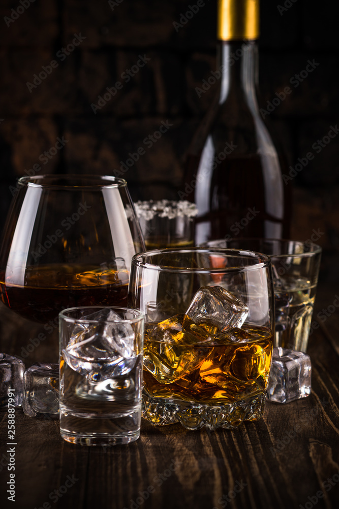 Strong alcohol drinks - whiskey, cognac, vodka, rum, tequila. Strong alcohol drinks - whiskey, cognac, vodka, rum, tequila.