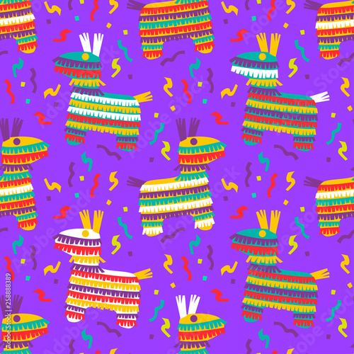 Cinco de Mayo Vector Seamles Pattern with Fiesta Elements. Mexican Attributes Sombreros, a Guitar, Cactus and decoration. Vector illustration