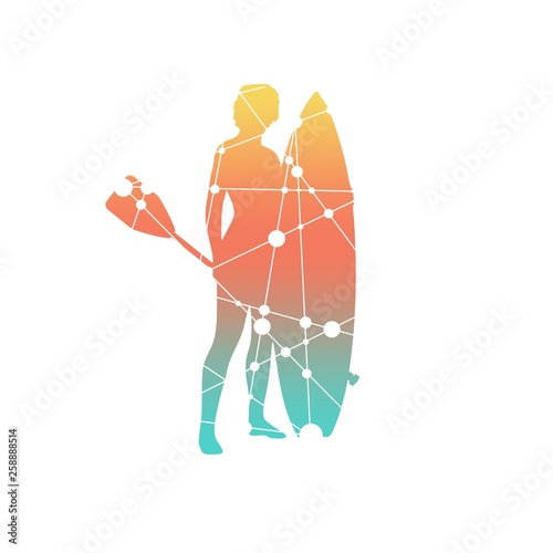 Woman posing with surfboard and paddle. Vintage surfing graphic and emblem for web design or print. Stand up paddle boarding. Silhouette textured by lines and dots pattern