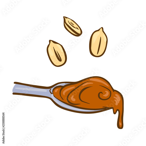 Spoon of Peanut butter doodle vector icon. Cartoon illustration of peanut icon for web design. Nuts hand drawn emblems and labels isoleted on white backgraund