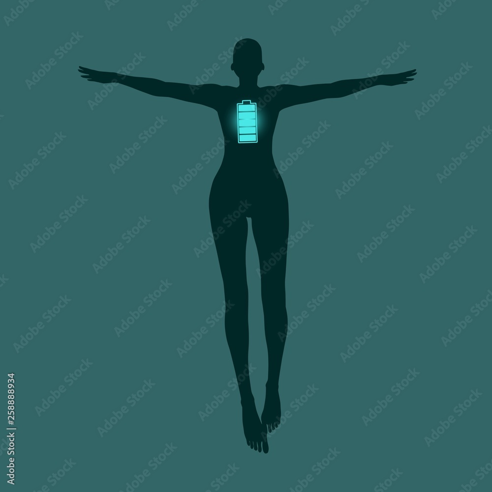 Flying women icon with high full level energy battery emblem Flying women icon with high full level energy battery emblem