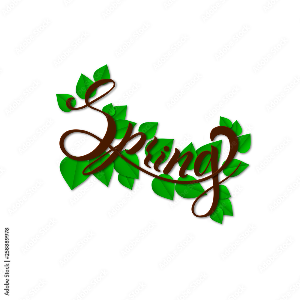 Hello Spring. Paper cut design Lettering spring with leaves for greeting card, invitation template, banner, poster, template background. Vector