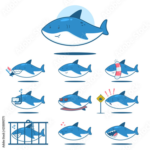 Fototapeta Naklejka Na Ścianę i Meble -  Cute cartoon shark with different emotions. Funny fish vector character set isolated on a white background.