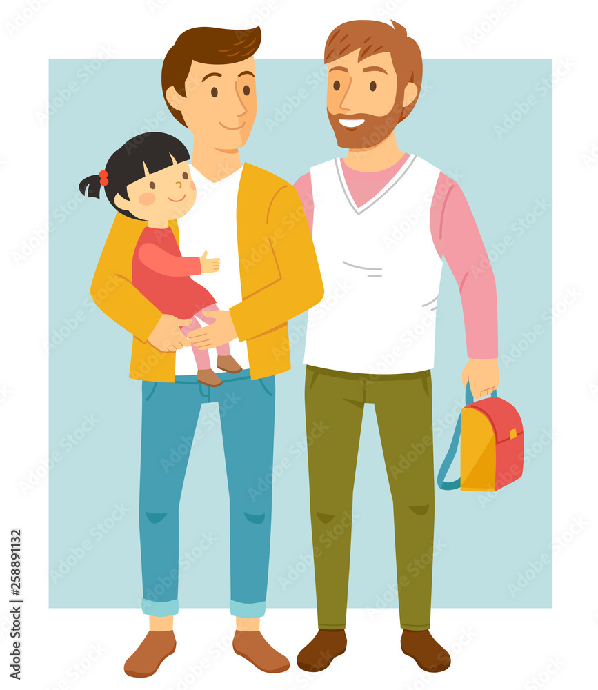 Happy male gay couple holding their adopted daughter and smiling happily