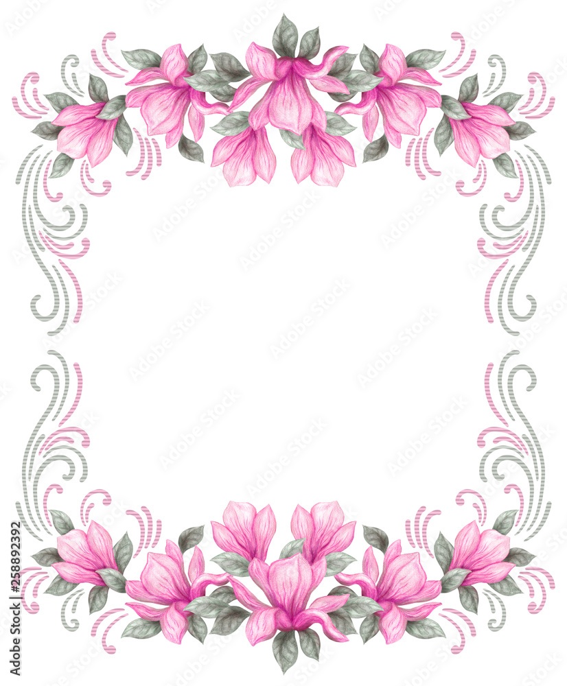 Hand drawn painting watercolor pencils and paints pink magnolia flowers isolated on white background