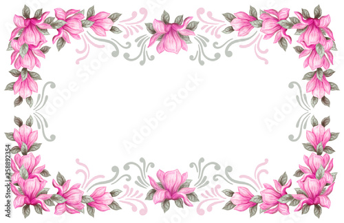 Hand drawn painting watercolor pencils and paints pink magnolia flowers isolated on white background © Marisha