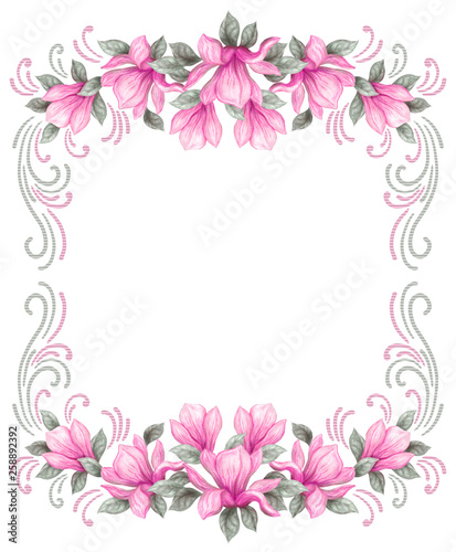 Hand drawn painting watercolor pencils and paints pink magnolia flowers isolated on white background